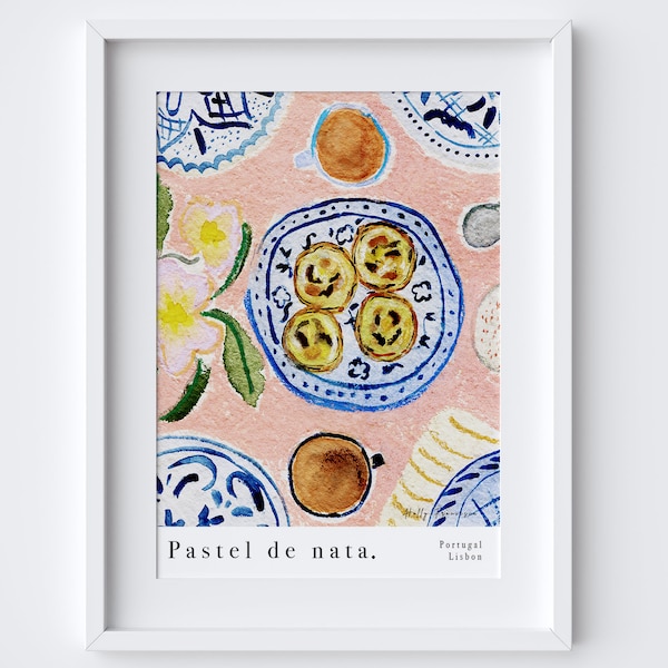 Pastel de nata Art Print - Affiche pastel aquarelle - Affiche de cuisine - Art culinaire traditionnel portugais - Pâtisserie Dessert