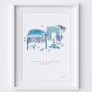 Impression des jardins botaniques de Sheffield - Illustration de Sheffield Yorkshire Landmark - design à l'encre bleu patrimoine - art floral botanique anglais