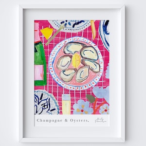 Champagne & Oysters Art Print - Watercolour Pastel Poster - Kitchen Poster - Fine Dining Gourmet- Food Art