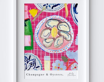 Champagne en oesters Art Print - aquarel pastel poster - keukenposter - Fine Dining Gourmet-Food Art