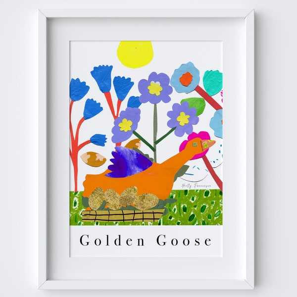 Golden Goose Art Print - Painted Collage Poster - Animal - Eggs Nest Easter - Storybook imaginative - Wildlife Art