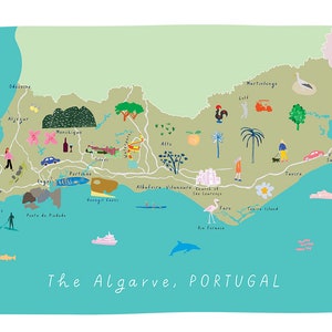 Map of The Algarve Art Print Illustration Southern Portugal Travel Poster Mediterranean Green land
