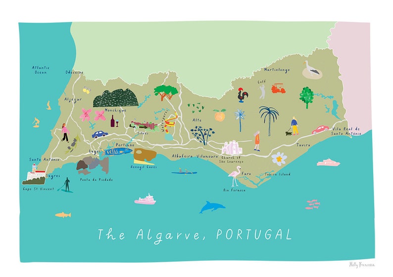 Map of The Algarve Art Print Illustration Southern Portugal Travel Poster Mediterranean Green land