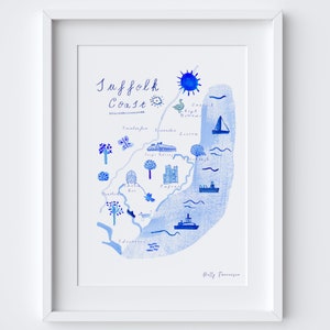 Suffolk Küste Karte Poster - Suffolk Blau Wahrzeichen Reise Kunstdruck - Suffolk National Landschaft - Strand Wand Kunst Dekor Erbstil