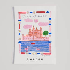 Puede incluir: Una ilustraci&oacute;n colorida de la Torre de Londres, un castillo rosa con ventanas blancas, rodeado de un r&iacute;o azul con dos p&aacute;jaros rosas. El texto "Tower of London" est&aacute; sobre el castillo y "London" est&aacute; debajo. La ilustraci&oacute;n est&aacute; enmarcada con un borde colorido.