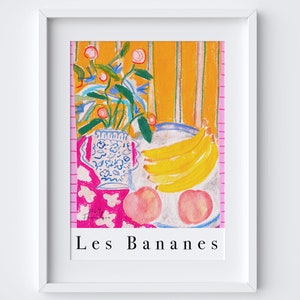 Les Bananes Art Print - Acuarela Pasteles - Bodegón Cocina Póster - Food Drink Art - Banana & Vase