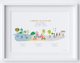 Spersonalizowany wydruk artystyczny Triathlon Finisher | Plakat z niestandardową trasą wyścigu | Prezent dla triathlonisty | Etapy pływania, jazdy na rowerze i biegu | Trasa dowolnego wydarzenia