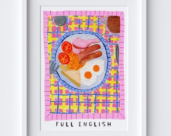 Full English Breakfast Art Print - Watercolour Pastel Poster - Brunch Breakfast Kitchen Poster - UK Traditional Food Art