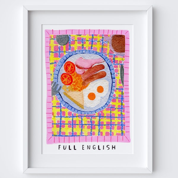 Full English Breakfast Art Print - Watercolour Pastel Poster - Brunch Breakfast Kitchen Poster - UK Traditional Food Art