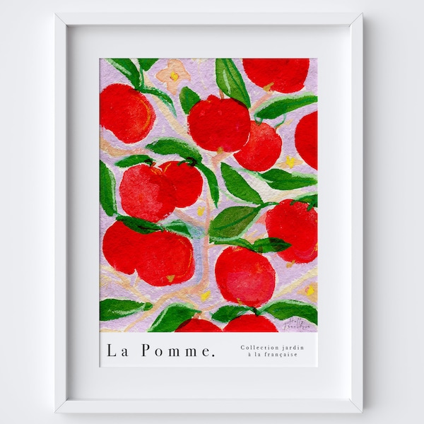 La Pomme Apple Art Print - Watercolour Poster  - Mixed Media Watercolour Pastel - Produce Kitchen Poster - Food Drink Art