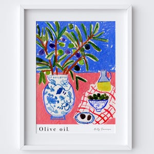 Olives & Olive Oil Art Print - Olive Table Scene - Produce Watercolour Pastel - Mediterranean Kitchen Poster - Azeite Olive Branch Tree