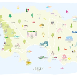 Puede incluir: Un mapa ilustrado colorido de Jersey, una isla en el Canal de la Mancha. El mapa presenta puntos de referencia, puntos de inter&eacute;s y negocios locales. El mapa est&aacute; dibujado en un estilo caprichoso con colores brillantes y formas simples.