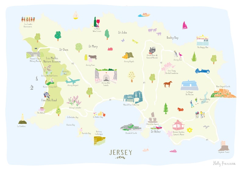 Puede incluir: Un mapa ilustrado colorido de Jersey, una isla en el Canal de la Mancha. El mapa presenta puntos de referencia, puntos de inter&eacute;s y negocios locales. El mapa est&aacute; dibujado en un estilo caprichoso con colores brillantes y formas simples.