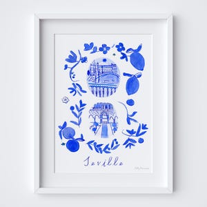 Cartaz de cenas de Sevilha - Azulejos azuis espanhóis/portugueses 'Azulejo' - Impressão artística de Sevilha pintada em aquarela - Lembrança de presente de arte de viagem da Espanha