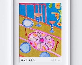 Oysters Table Scene Art Print - Watercolour Pastel Poster - Fresh Seafood Kitchen Poster - Oysters & Lemon