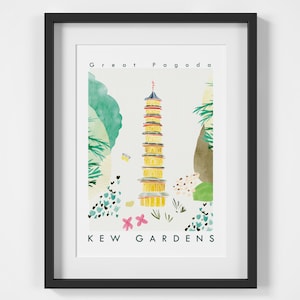 Great Pagoda, Kew Gardens Landmark Travel Print - South West London illustratie Landmark - Japans erfgoedontwerp - botanische bloemenkunst