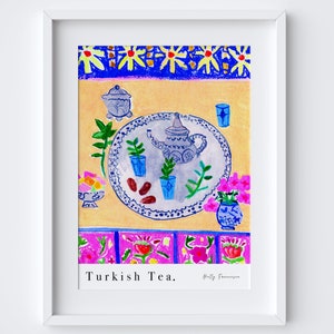 Turkse theetafel scène Art Print - aquarel pastel poster - keuken poster - Türkiye traditioneel dineren - Istanbul reiscadeau