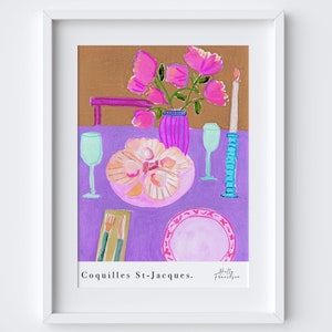 Stampa artistica di capesante - Coquilles St-Jaques acquerello pastello Poster - Poster cucina - Food Art