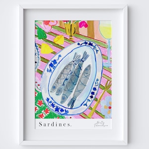 Portuguese Sardines Art Print - Grilled Sardines Watercolour Pastel Poster - Kitchen Poster - Food Art