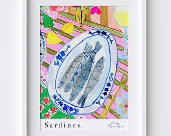 Portuguese Sardines Art Print - Grilled Sardines Watercolour Pastel Poster - Kitchen Poster - Food Art