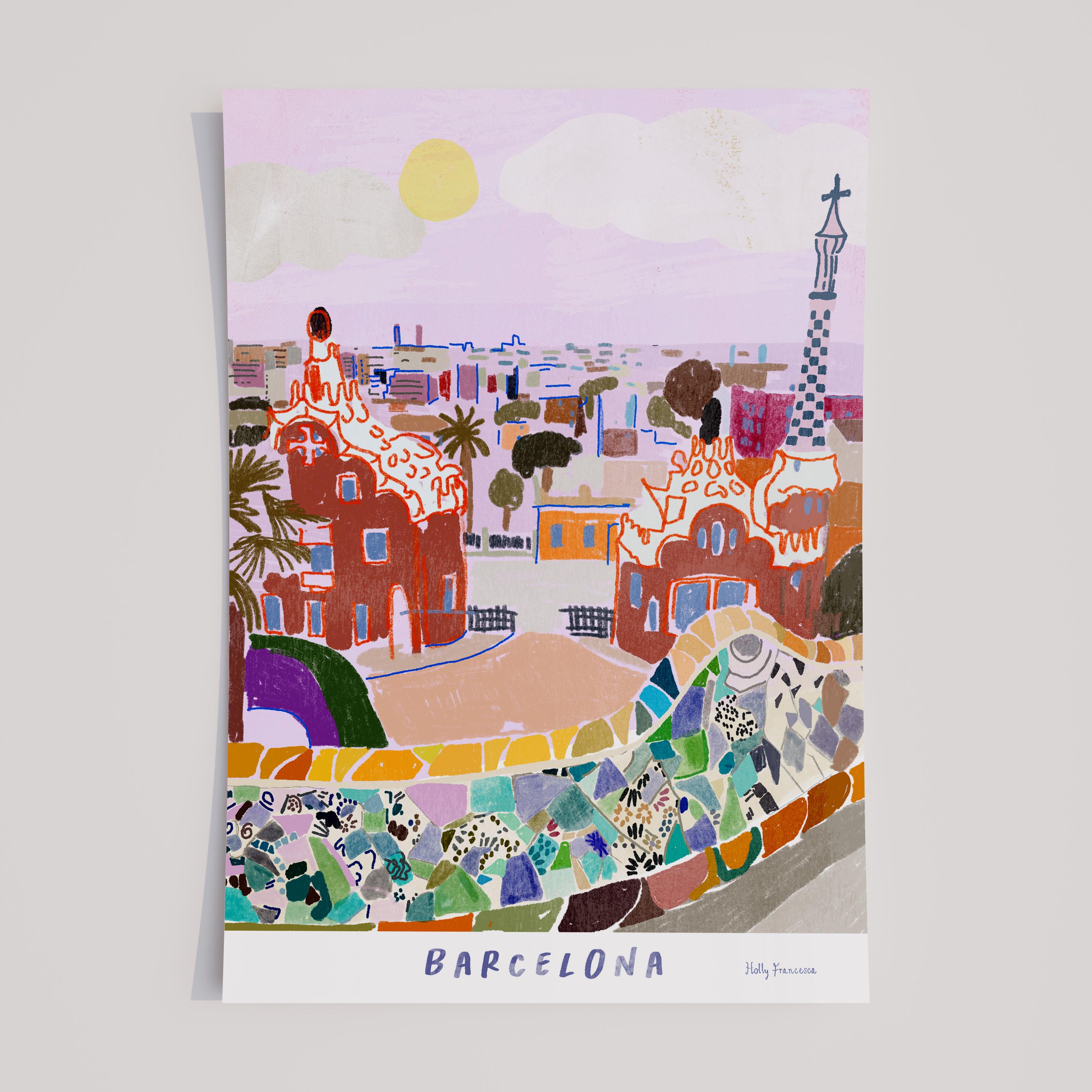 グエル公園のイラスト入りポスター - バルセロナの旅行風景 - スペイン