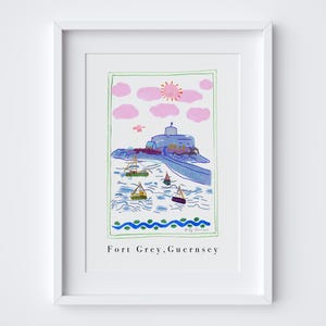 Art mural Fort Grey, Guernesey - scène côtière, affiche des îles anglo-normandes du Royaume-Uni - cadeau de voyage Guernesey - impression d'art peinture patrimoine