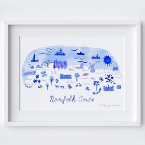 Carte de la côte de Norfolk - Blue Landmarks Travel Beach Print - Impression d'art côtière de Norfolk - Art déco mural - Illustrations à l'encre bleue - Style patrimoine