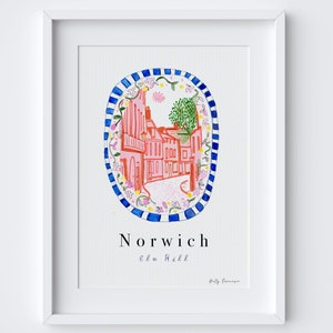 Elm Hill Norwich, Norfolk Scene Art Print - Patterned Landscapes: Heritage Pink Edition - Travel Art Poster - Norwich City Illustration