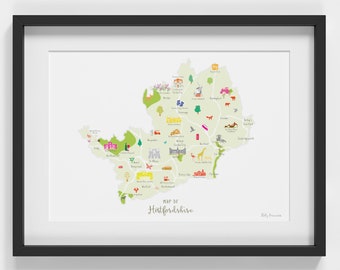 Map of Hertfordshire Art Print | Illustrated County Map Poster | Home Decor Gift | English Countryside Wall Art | UK Location Print