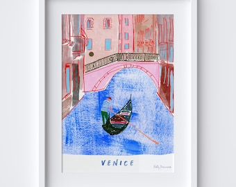 Affiche illustrée de Venise - impression d'art le Grand Canal - scène de voyage en Italie - impression de voyage en gondole italienne - souvenir de Venise - Grand Canal