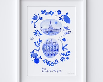 Póster de escenas de Madrid - Azulejos azules españoles - Lámina artística pintada de Madrid - Regalo de viaje a España - Parque del Retiro y Palacio Real de Madrid