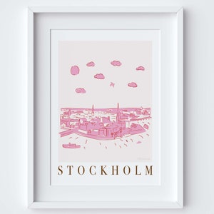 Stockholm, Sweden Skyline Cityscape Landmarks Viewpoint Scene Art Print - Swedish Travel Gift - Pink