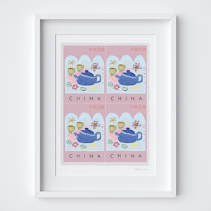 Lámina artística china - Póster de viaje chino - Arte mural con sellos postales de China - Decoración moderna para el hogar con tetera - Descarga instantánea - Impresión digital