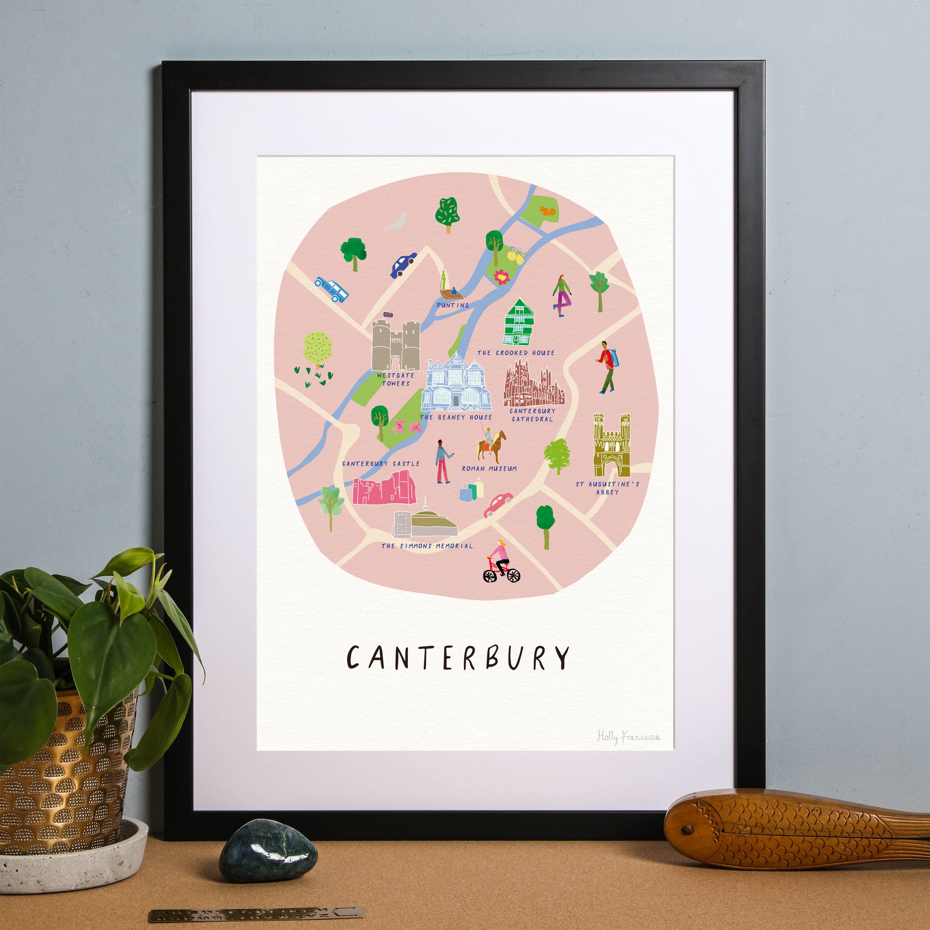 カンタベリー、ケントの地図 - イラスト入りアートプリント - 都市