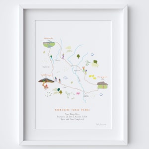 Impression d'art personnalisée Yorkshire Three Peaks | Carte du parcours du défi | Cadeau pour grimpeur et randonneur | Art mural aventure en plein air personnalisé