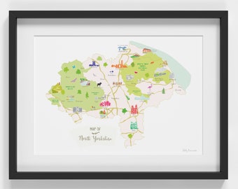 Map of North Yorkshire Art Print – Illustrated County Map Poster – Yorkshire Wall Art – British Travel Decor – UK Landscape Illustration