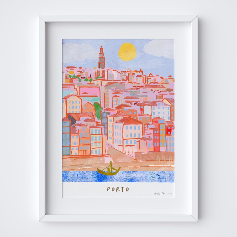 May include: A colorful illustration of the city of Porto, Portugal. The illustration features a cityscape with buildings in shades of pink, yellow, and blue. A small boat is in the water in the foreground. The text "PORTO" is written at the bottom of the illustration.