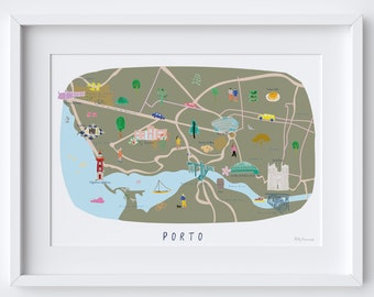 Stampa artistica della mappa di Porto – Poster illustrato della mappa della città del Portogallo – Arte murale del Portogallo settentrionale – Stampa di viaggio sul fiume Duero – Decorazioni di Porto