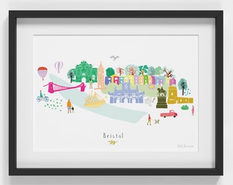 May include: A colorful illustration of the city of Bristol, England. The illustration features landmarks like the Clifton Suspension Bridge, the Bristol Cathedral, and the Bristol Museum & Art Gallery. The illustration is in a minimalist style with a white background and a black frame.