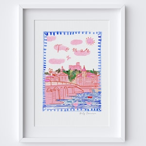 Poster del ponte di Tomar - Stampa della scena della città di Tomar - Paesaggi modellati: edizione rosa Heritage - Stampa del Portogallo centrale - Arte murale portoghese