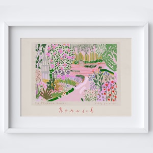 The Plantation Garden Poster - Norwich, Norfolk Painted Scene - Floral Facades Landmark Print - Travel Art Poster Norfolk Painting Landscape