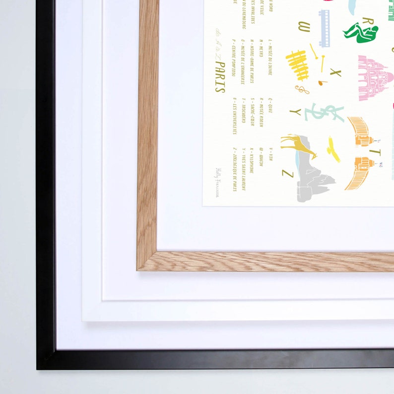 May include: A framed print of an alphabet poster featuring iconic landmarks and symbols of Paris, France. The poster is printed on white paper with a light yellow background. The letters are in a bold, black font. Each letter is paired with an illustration of a famous Parisian landmark or symbol, such as the Eiffel Tower, the Louvre Museum, and the Arc de Triomphe. The poster also includes a list of famous Parisian people and places, such as Yves Saint Laurent, the Sacr&eacute;-C&oelig;ur Basilica, and the Jardin du Luxembourg.