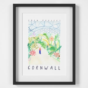 Projeto Éden, Cornwall Landmark Travel Print - Marco de ilustração da Cornualha - Design de estufa - Jardim botânico inglês
