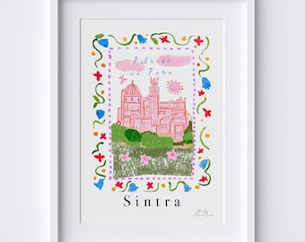 Pena Palace Portugal Poster - Colourful Sintra Landmark Art Print - Romantic Portuguese Castle Wall Art - Iconic Portugal Travel Decor Gift
