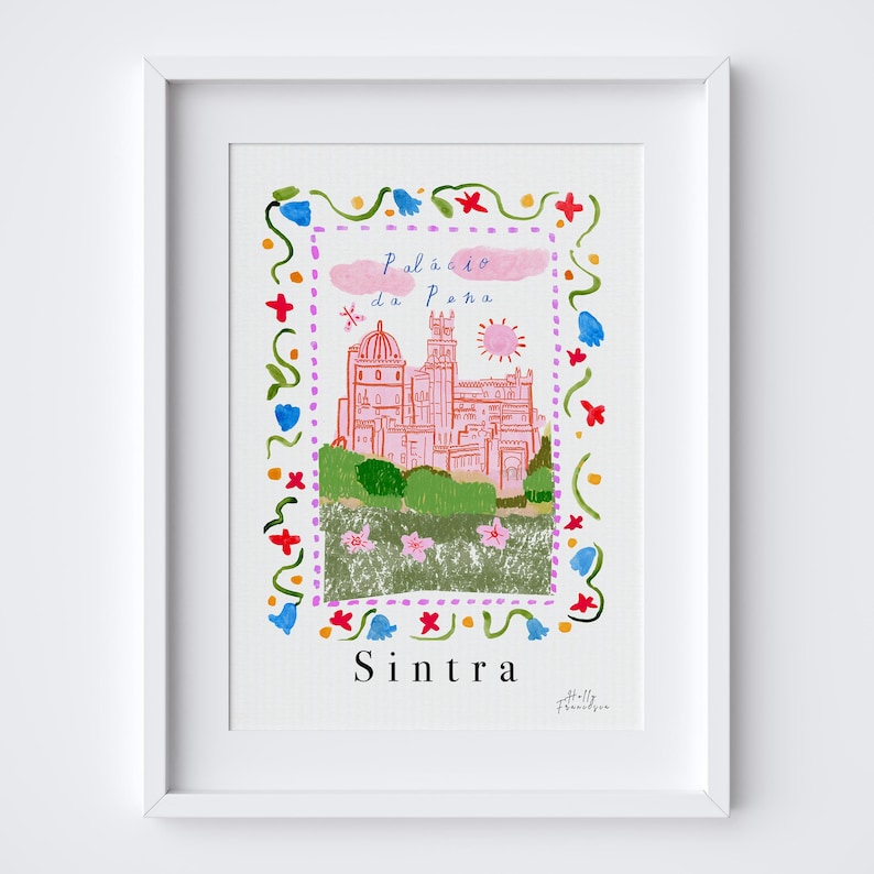 May include: A colorful illustration of the Palacio da Pena in Sintra, Portugal. The castle is depicted in pink with green trees and a blue sky. The illustration is surrounded by a border of flowers in various colors.