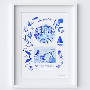 Northumberland Scene - Blue Portuguese &#39;Azulejo&#39; tiles - Watercolour Scene Art Print - Travel Art Gift - Portuguese Blue Tiles Poster