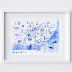Lissabon Portugal Karte Poster - Portugisische Blaue Wahrzeichen Reise-Kunstdruck - Lisboa Sehenswürdigkeiten - Wandkunst Dekor Erbstil