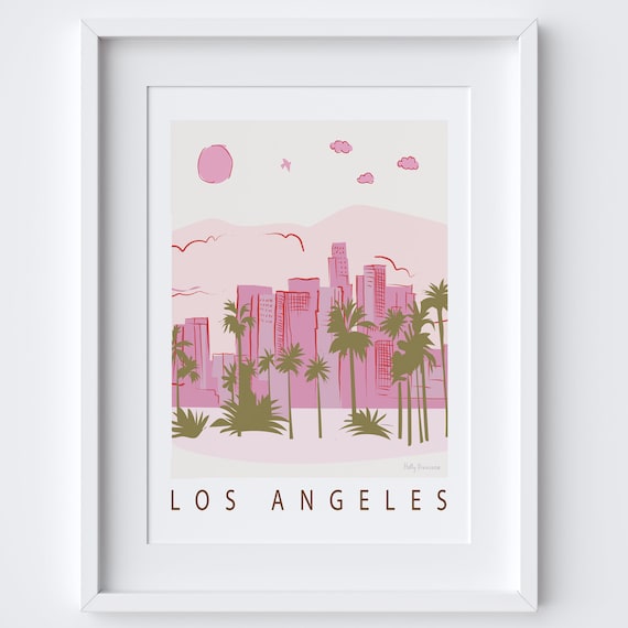 Los Angeles Skyline Art Print | L.A. Cityscape Poster | USA Landmarks Wall Art | Pink Travel Decor | California Urban Scene Gift