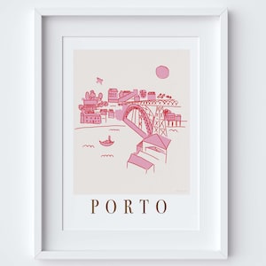 Impression d'art de la scène du point de vue des monuments du paysage urbain de Porto Portugal - cadeau de voyage - rose - Porto