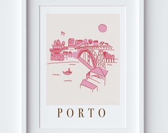 Porto Portugal Skyline Stadtbild Wahrzeichen Aussichtspunkt Szene Kunstdruck - Reisegeschenk - Pink - Oporto